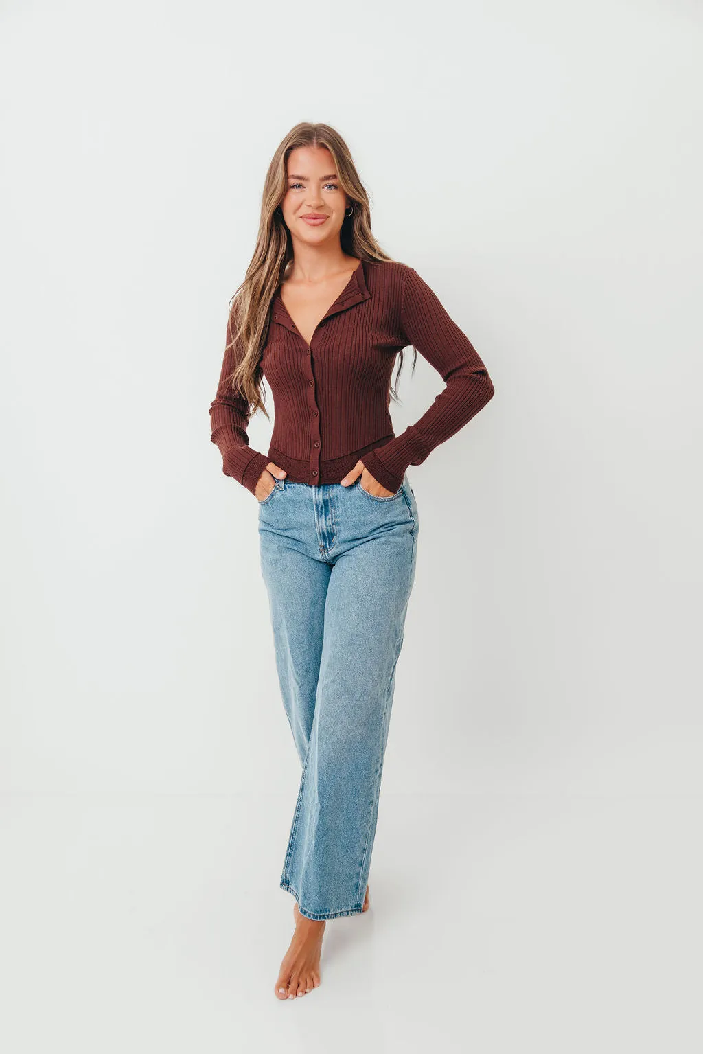 Marni Lace Hem Rib Knit Cardigan Top in Choco sold by Worth Collective product image thumbnail 4