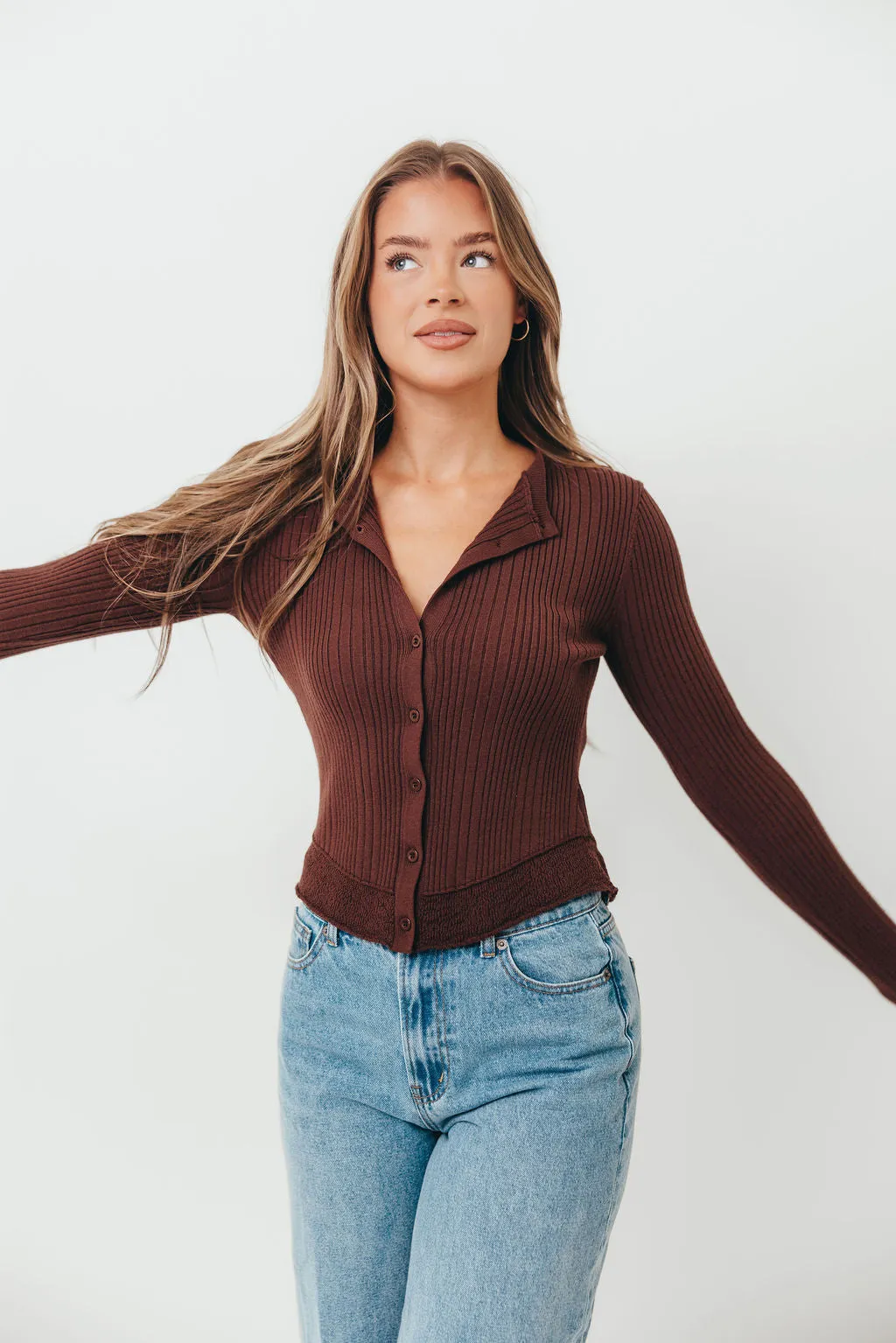 Marni Lace Hem Rib Knit Cardigan Top in Choco sold by Worth Collective