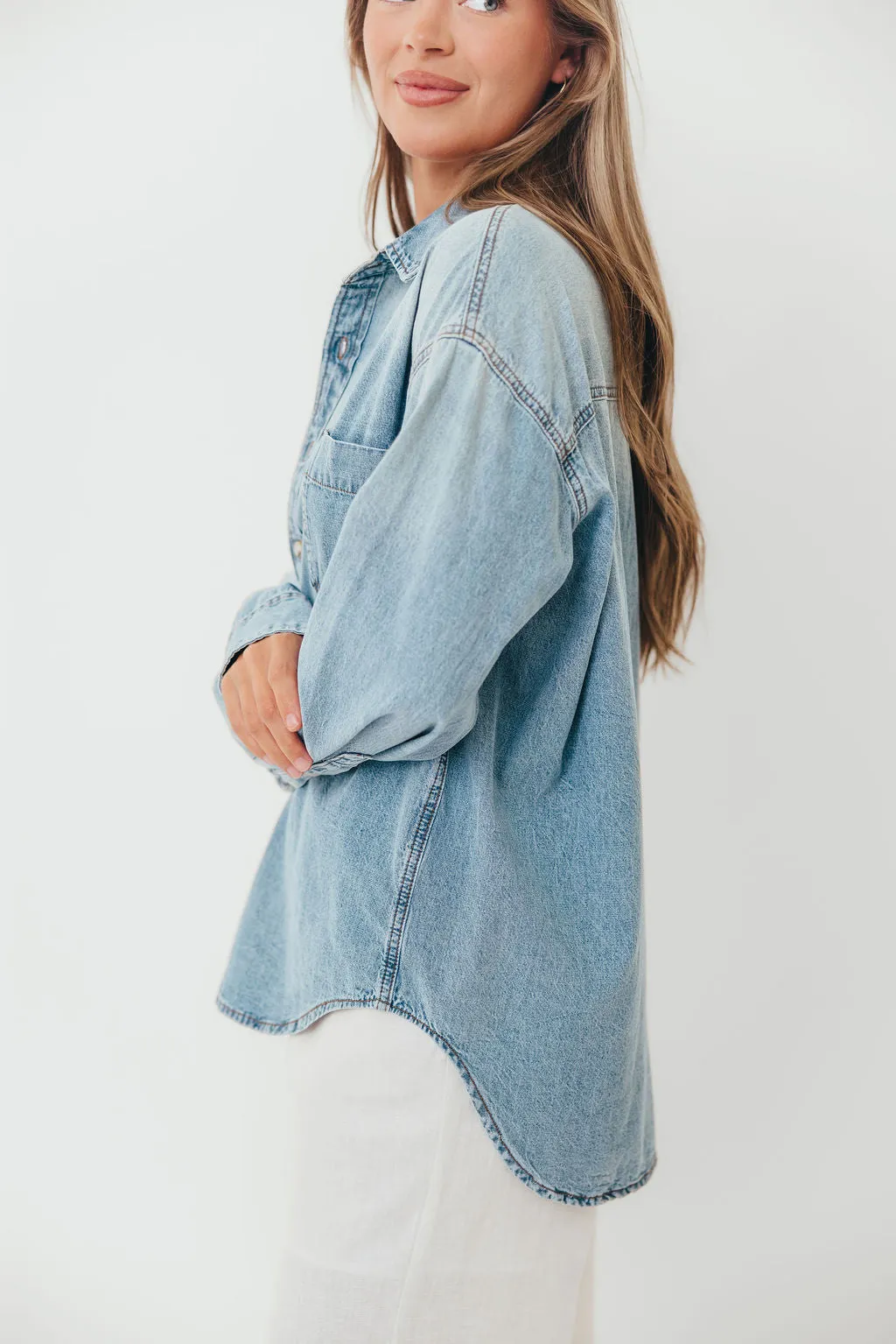 Brookings Denim Long Sleeve Button Down Top in Blue Denim sold by Worth Collective product image thumbnail 3