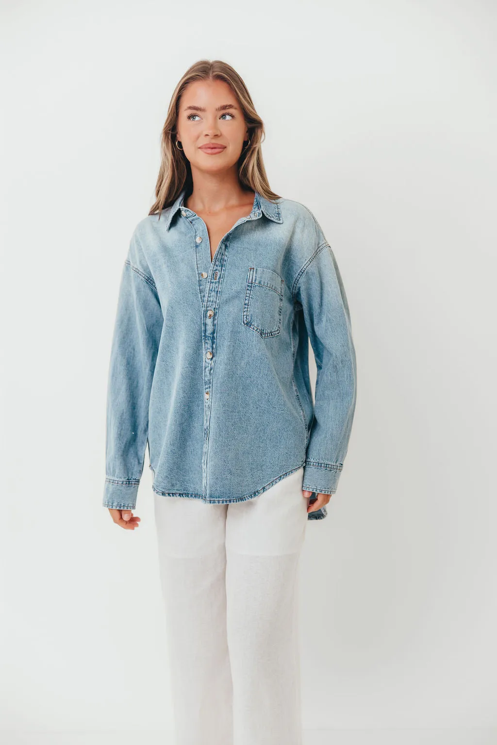 Brookings Denim Long Sleeve Button Down Top in Blue Denim sold by Worth Collective product image thumbnail 5