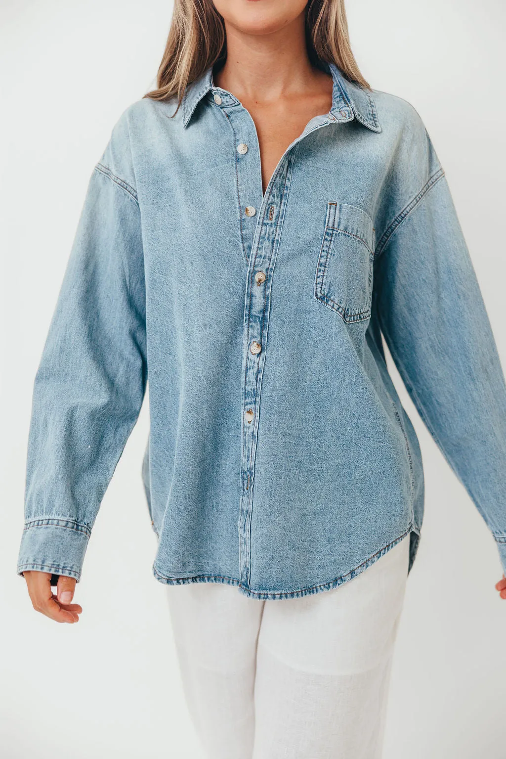 Brookings Denim Long Sleeve Button Down Top in Blue Denim sold by Worth Collective