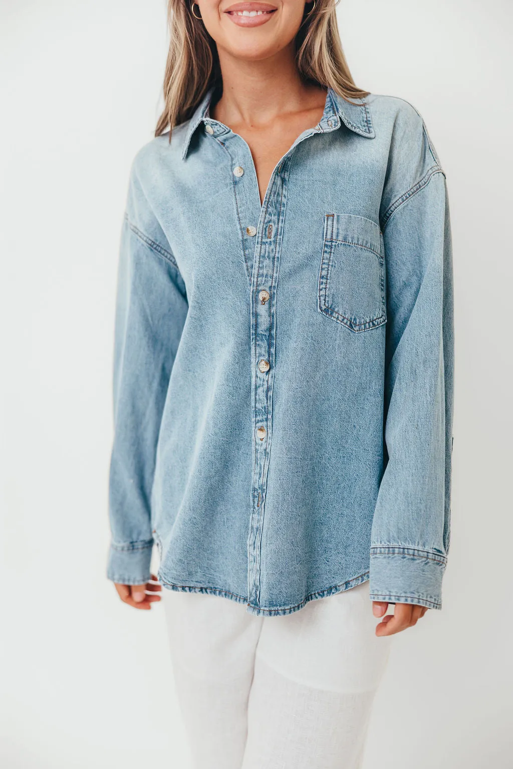 Brookings Denim Long Sleeve Button Down Top in Blue Denim sold by Worth Collective product image thumbnail 2