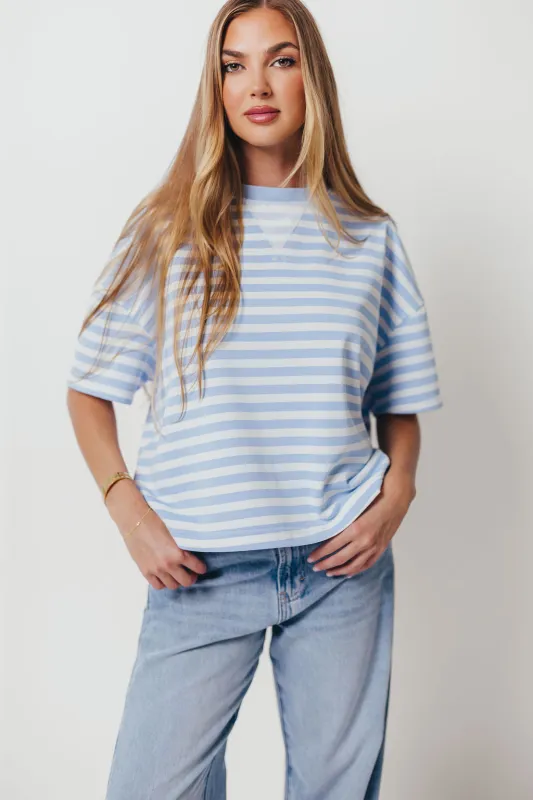 Izzy Striped French Terry Boxy Top in Sky/White made by Wishlist