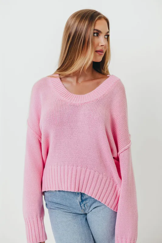 Lola 100% Cotton Scoop Neck Drop Shoulder Knit Sweater in Pink sold by Worth Collective