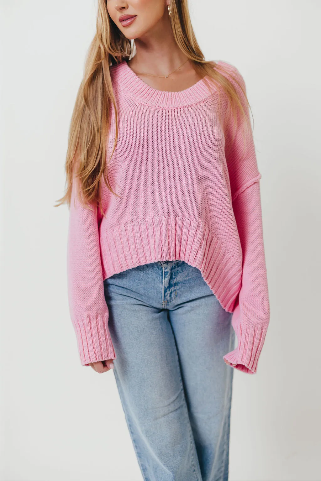 Lola 100% Cotton Scoop Neck Drop Shoulder Knit Sweater in Pink sold by Worth Collective product image thumbnail 5