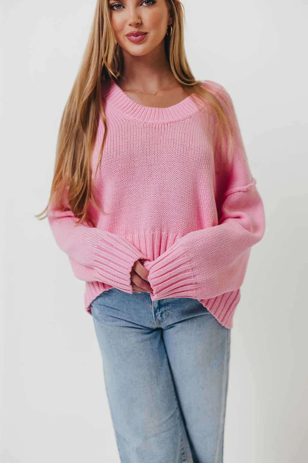 Lola 100% Cotton Scoop Neck Drop Shoulder Knit Sweater in Pink sold by Worth Collective product image thumbnail 2