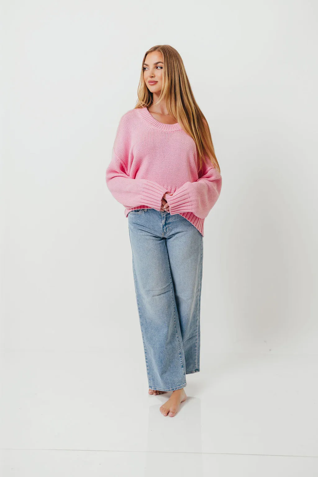 Lola 100% Cotton Scoop Neck Drop Shoulder Knit Sweater in Pink sold by Worth Collective product image thumbnail 3