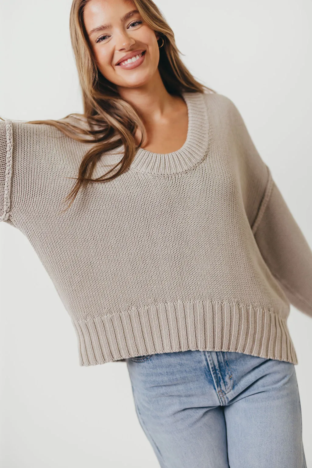 Lola 100% Cotton Scoop Neck Drop Shoulder Knit Sweater in Grey sold by Worth Collective product image thumbnail 2