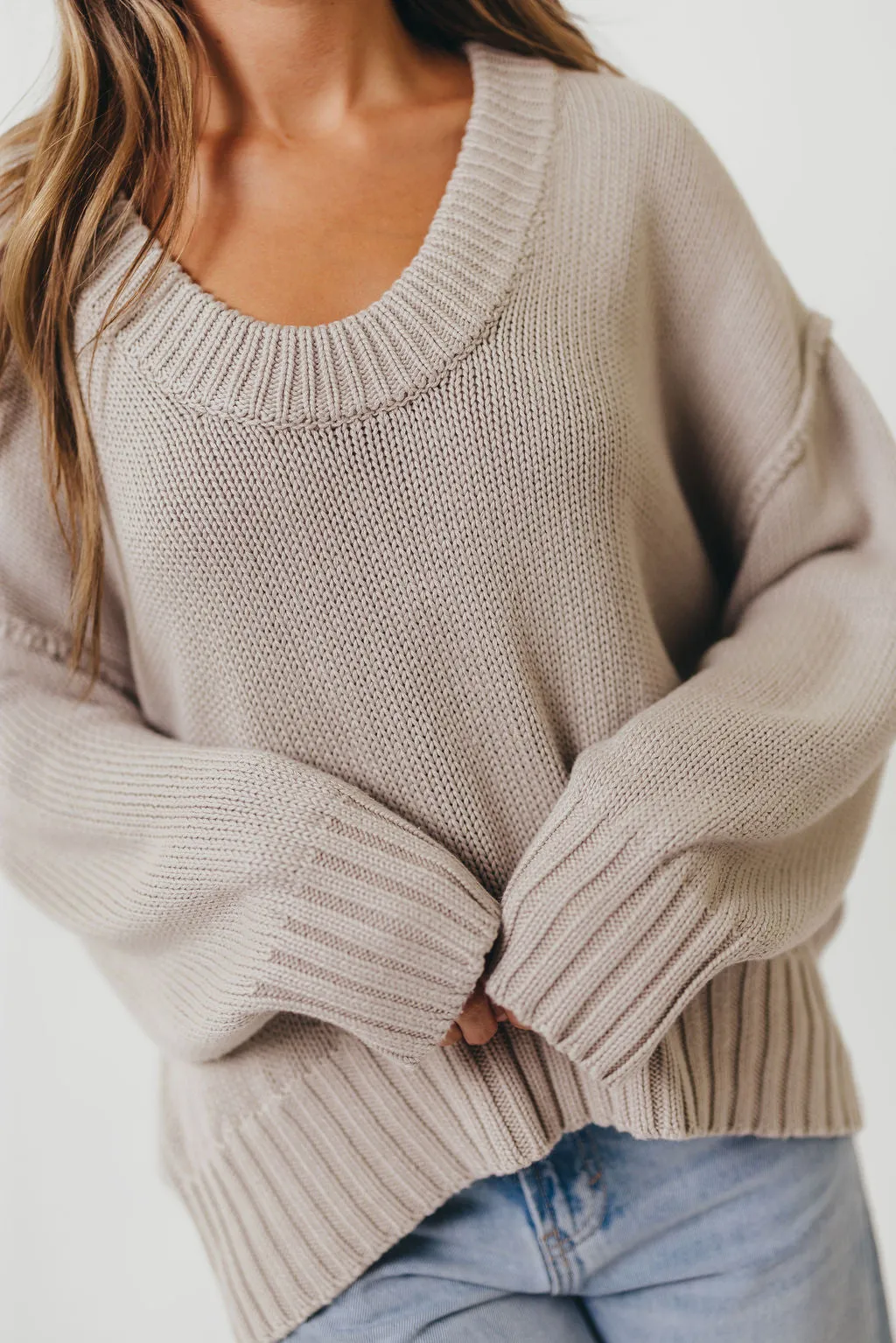 Lola 100% Cotton Scoop Neck Drop Shoulder Knit Sweater in Grey sold by Worth Collective