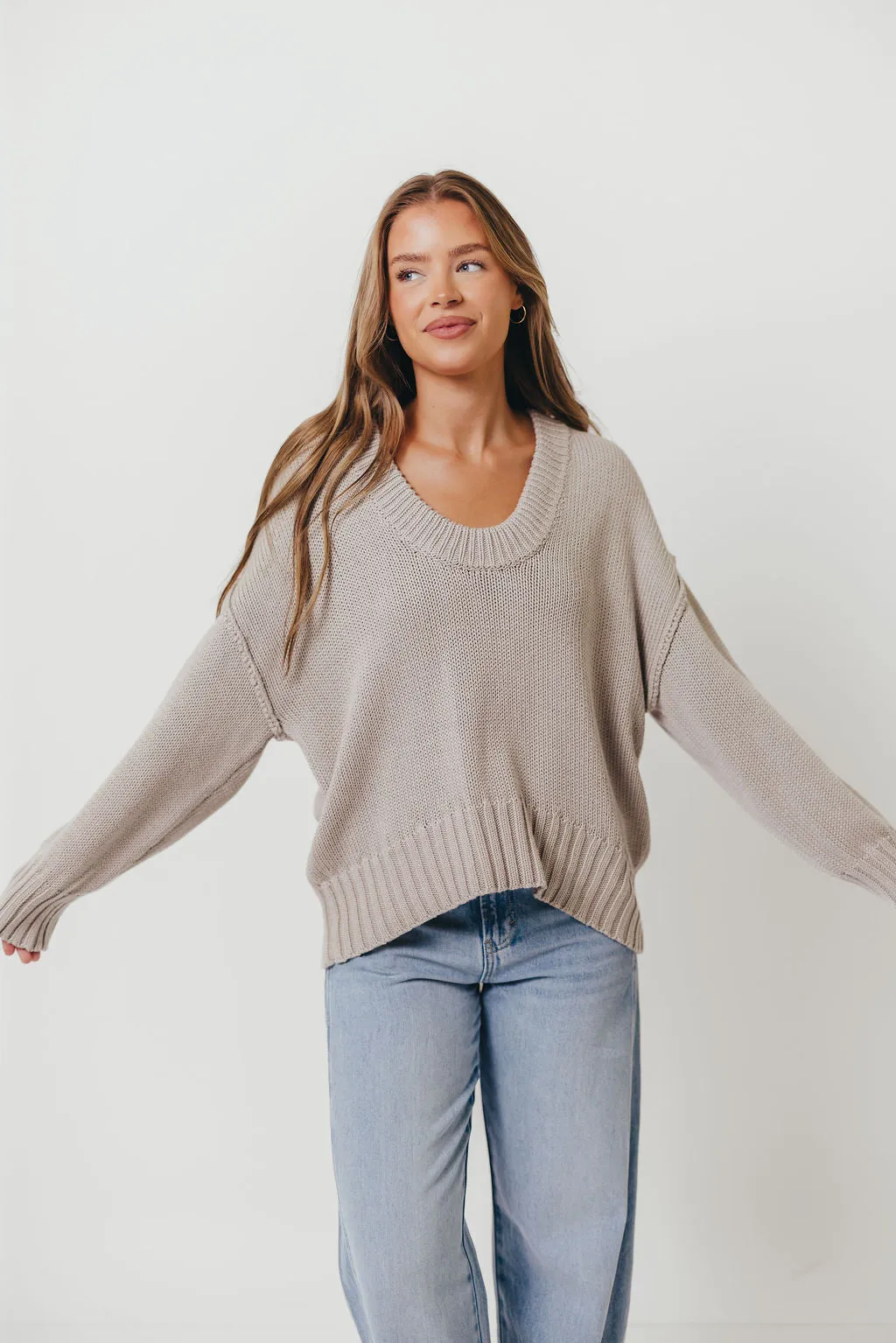 Lola 100% Cotton Scoop Neck Drop Shoulder Knit Sweater in Grey sold by Worth Collective product image thumbnail 3