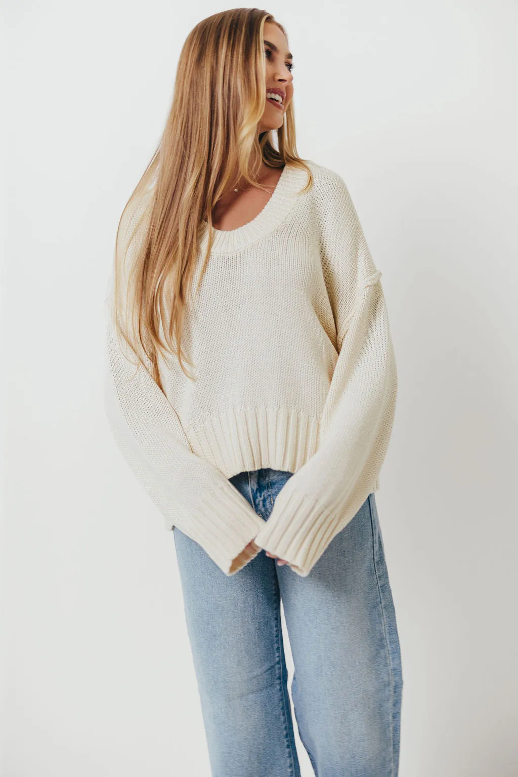 Lola 100% Cotton Scoop Neck Drop Shoulder Knit Sweater in Cream (Final Few! No Restock) sold by Worth Collective product image thumbnail 2