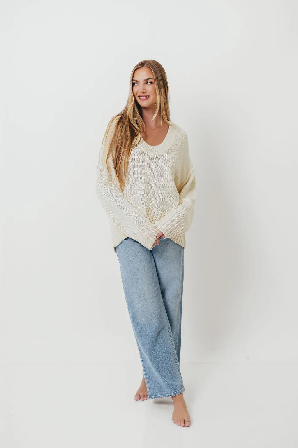 Lola 100% Cotton Scoop Neck Drop Shoulder Knit Sweater in Cream (Final Few! No Restock) sold by Worth Collective product image thumbnail 3