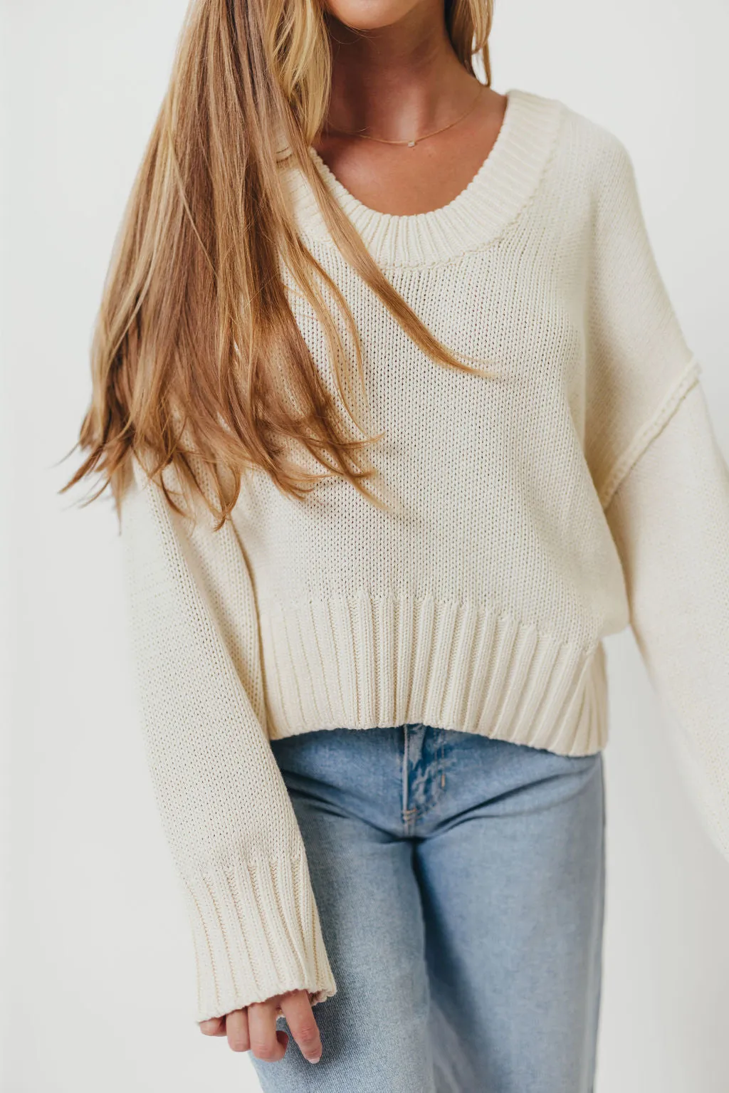 Lola 100% Cotton Scoop Neck Drop Shoulder Knit Sweater in Cream (Final Few! No Restock) sold by Worth Collective