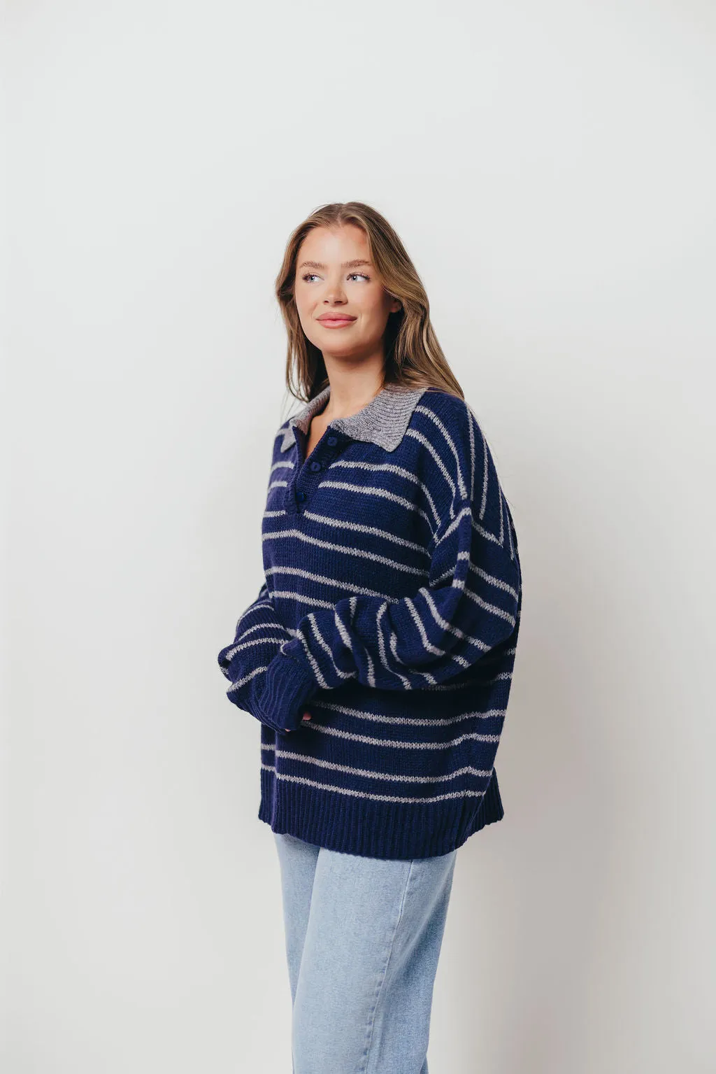 Rochelle Stripe Sweater with Contrast Collar in Navy sold by Worth Collective product image thumbnail 4