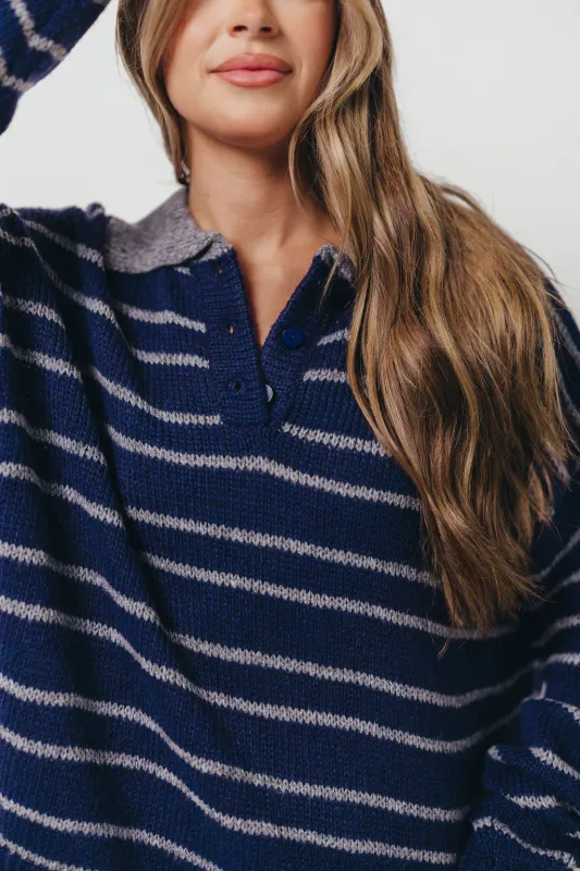 Rochelle Stripe Sweater with Contrast Collar in Navy sold by Worth Collective