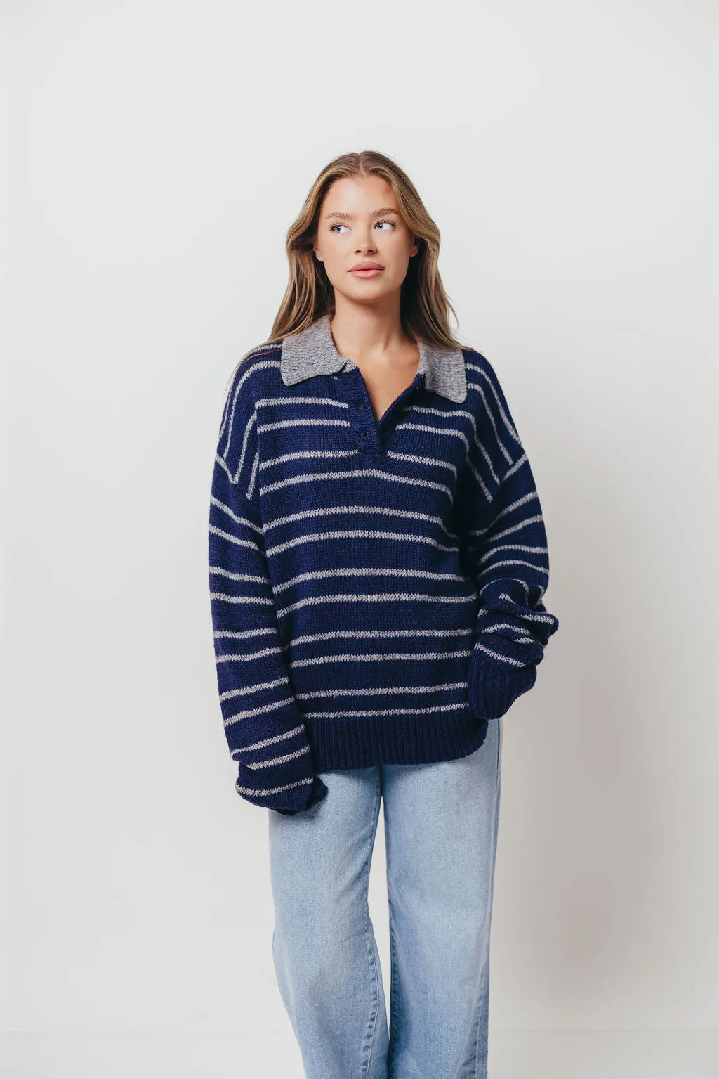 Rochelle Stripe Sweater with Contrast Collar in Navy sold by Worth Collective product image thumbnail 2