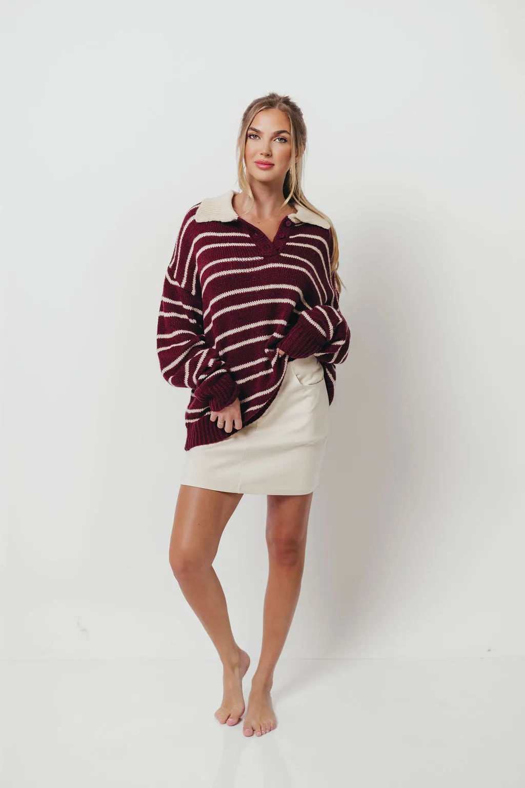 Rochelle Stripe Sweater with Contrast Collar in Burgundy sold by Worth Collective product image thumbnail 4