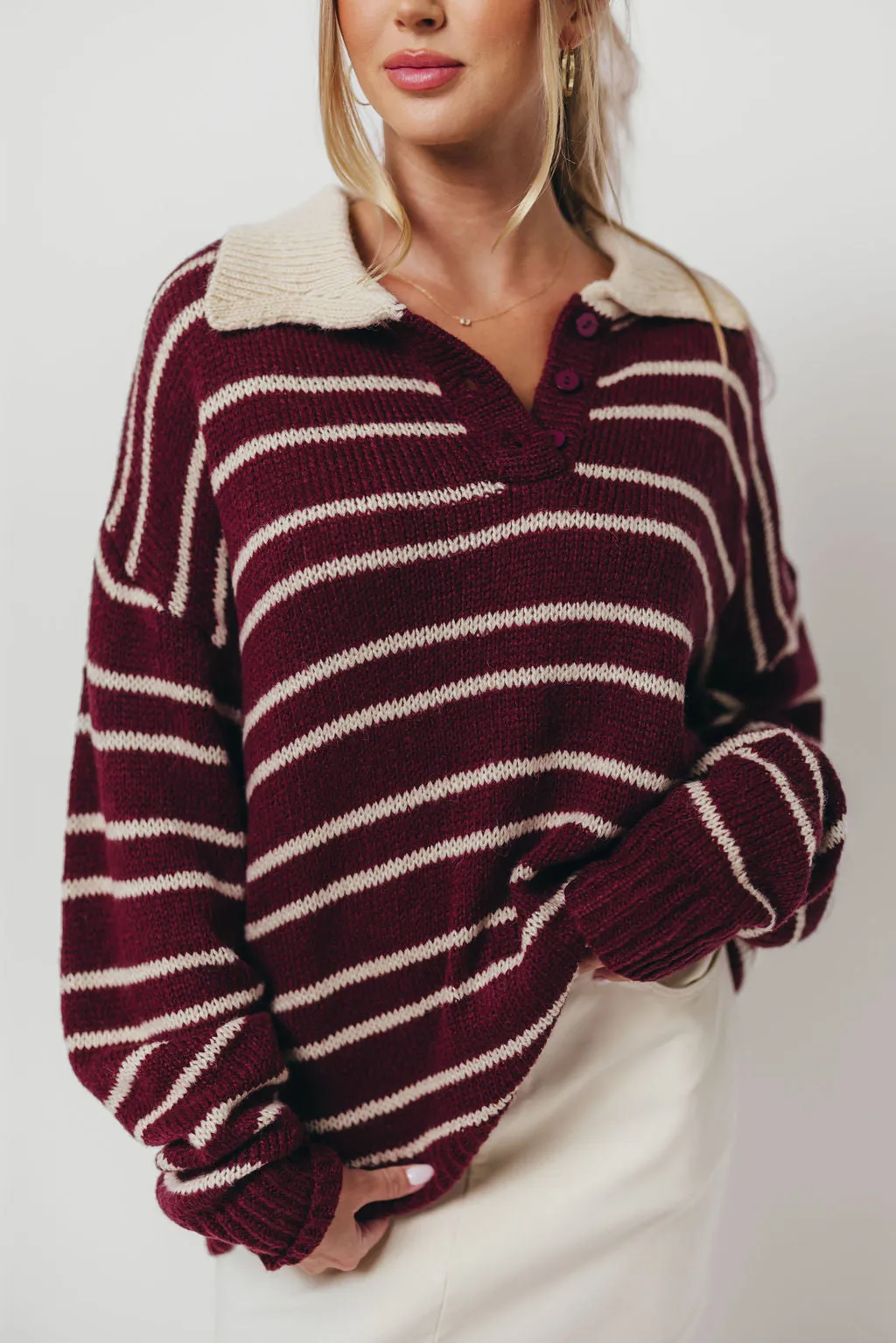 Rochelle Stripe Sweater with Contrast Collar in Burgundy sold by Worth Collective