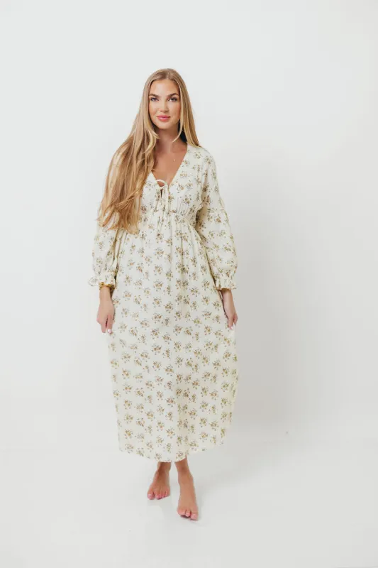 Hunter 100% Cotton Gauze Maxi Dress with Detail Trimming in Cream Taupe Floral - Bump Friendly and Inclusive Sizing sold by Worth Collective