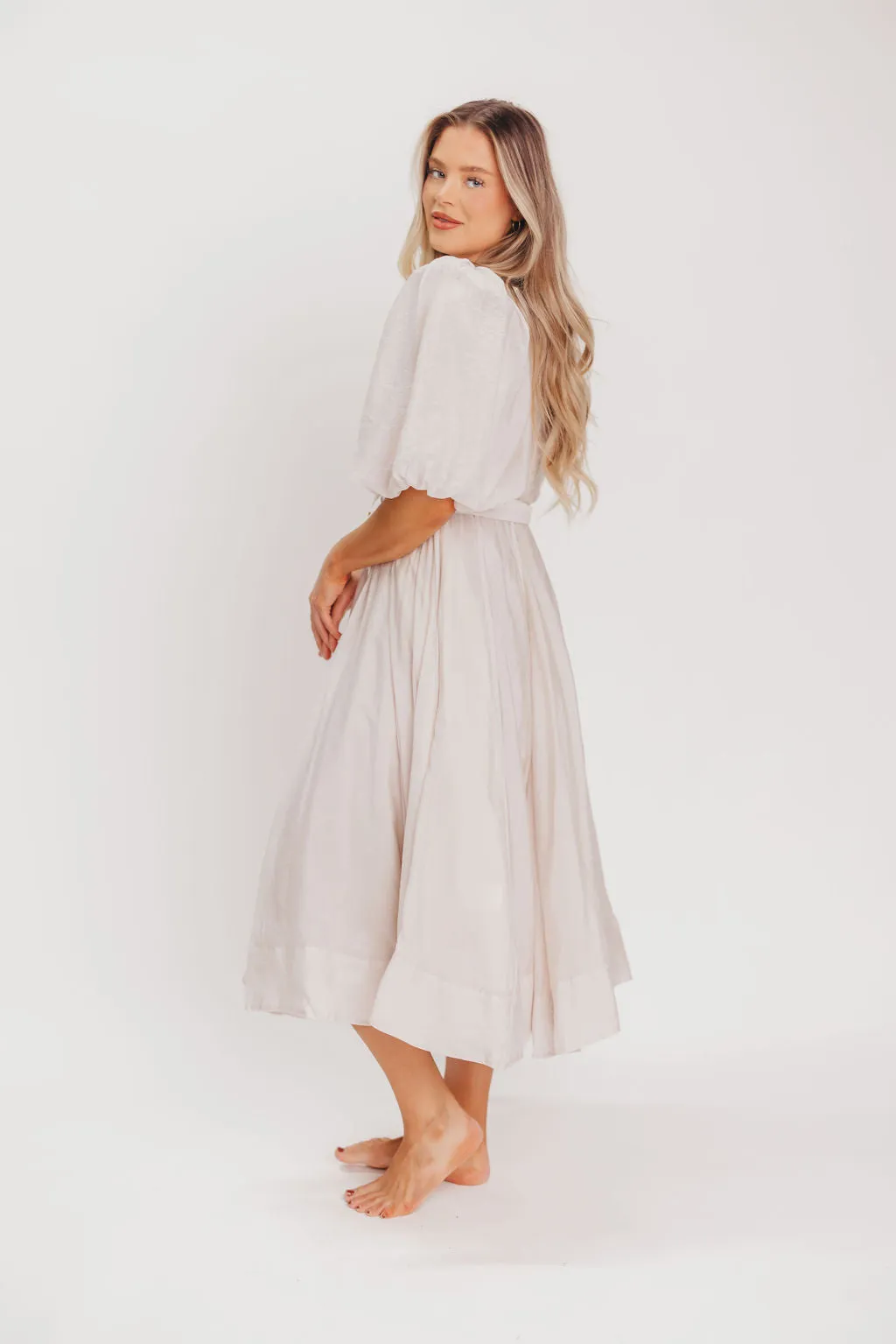 Courtney Puffed Sleeve Midi Dress with Belt in Natural sold by Worth Collective product image thumbnail 3