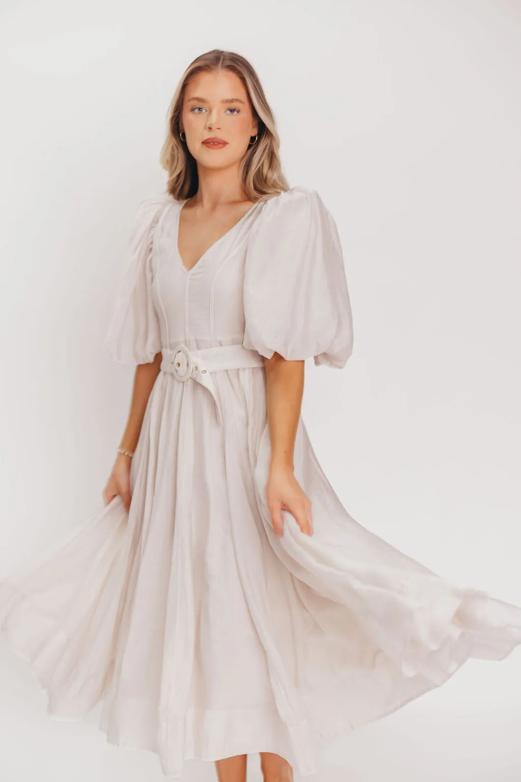 Courtney Puffed Sleeve Midi Dress with Belt in Natural sold by Worth Collective product image thumbnail 4