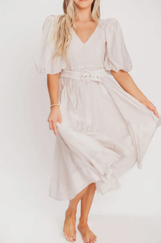 Courtney Puffed Sleeve Midi Dress with Belt in Natural sold by Worth Collective