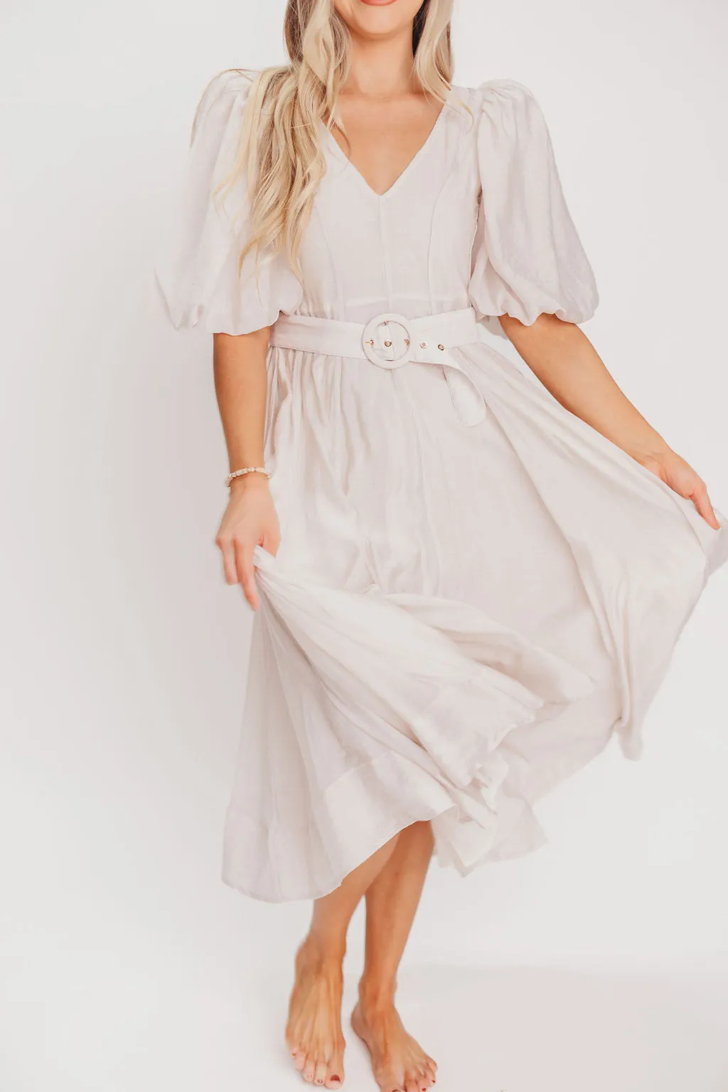 Courtney Puffed Sleeve Midi Dress with Belt in Natural sold by Worth Collective