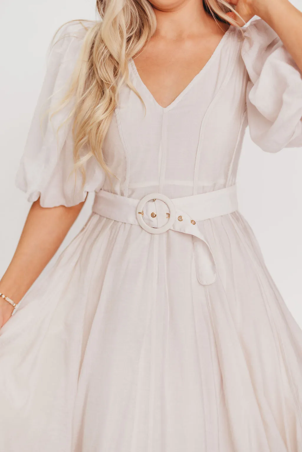 Courtney Puffed Sleeve Midi Dress with Belt in Natural sold by Worth Collective product image thumbnail 2