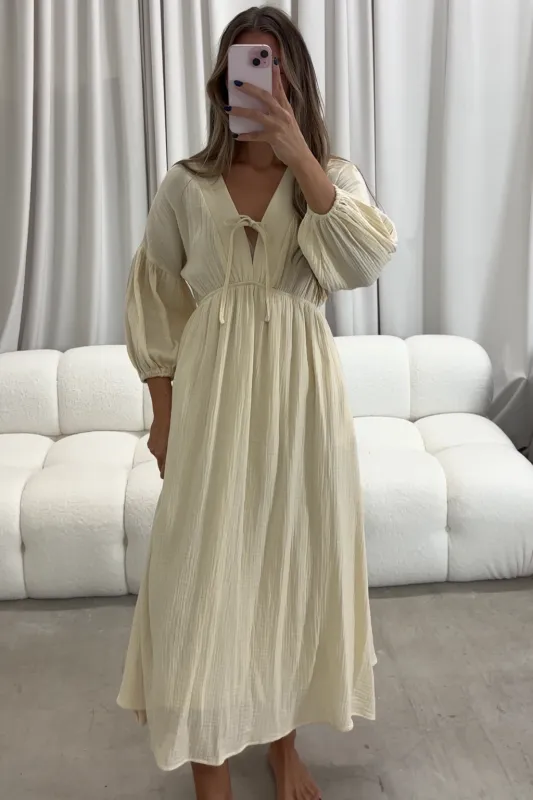 Hunter 100% Cotton Gauze Midi Dress in Butter - Bump Friendly *Final-Sale* sold by Worth Collective