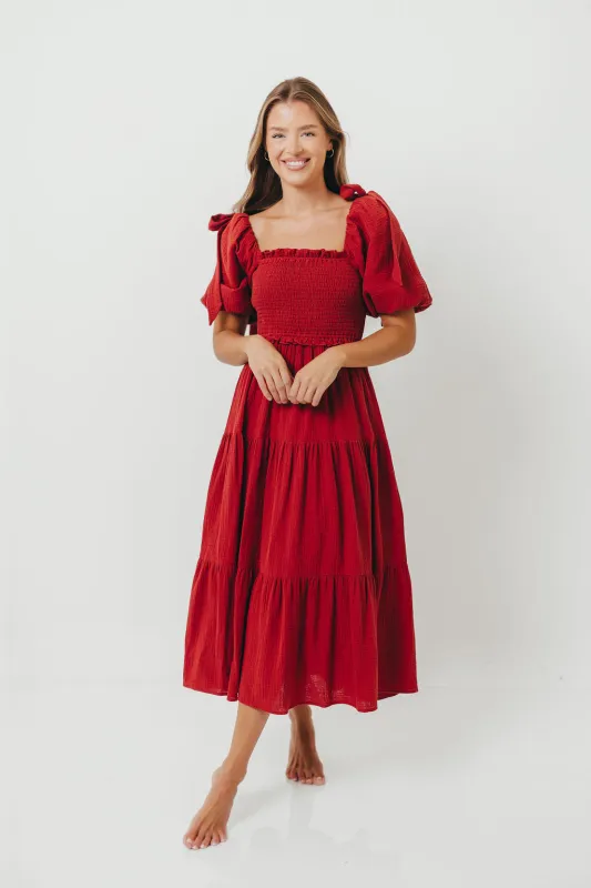 Elena 100% Cotton Smocked Midi Dress in Rust - Bump Friendly sold by Worth Collective