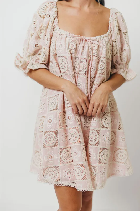 Georgette 100% Cotton Embroidered Mini Dress in Pink sold by Worth Collective