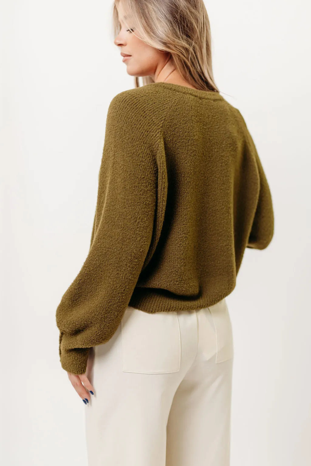 Andrea Fuzzy Ribbed Knit Cardigan Top in Olive sold by Worth Collective product image thumbnail 3