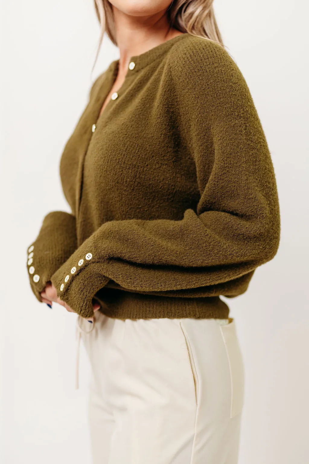 Andrea Fuzzy Ribbed Knit Cardigan Top in Olive sold by Worth Collective product image thumbnail 2