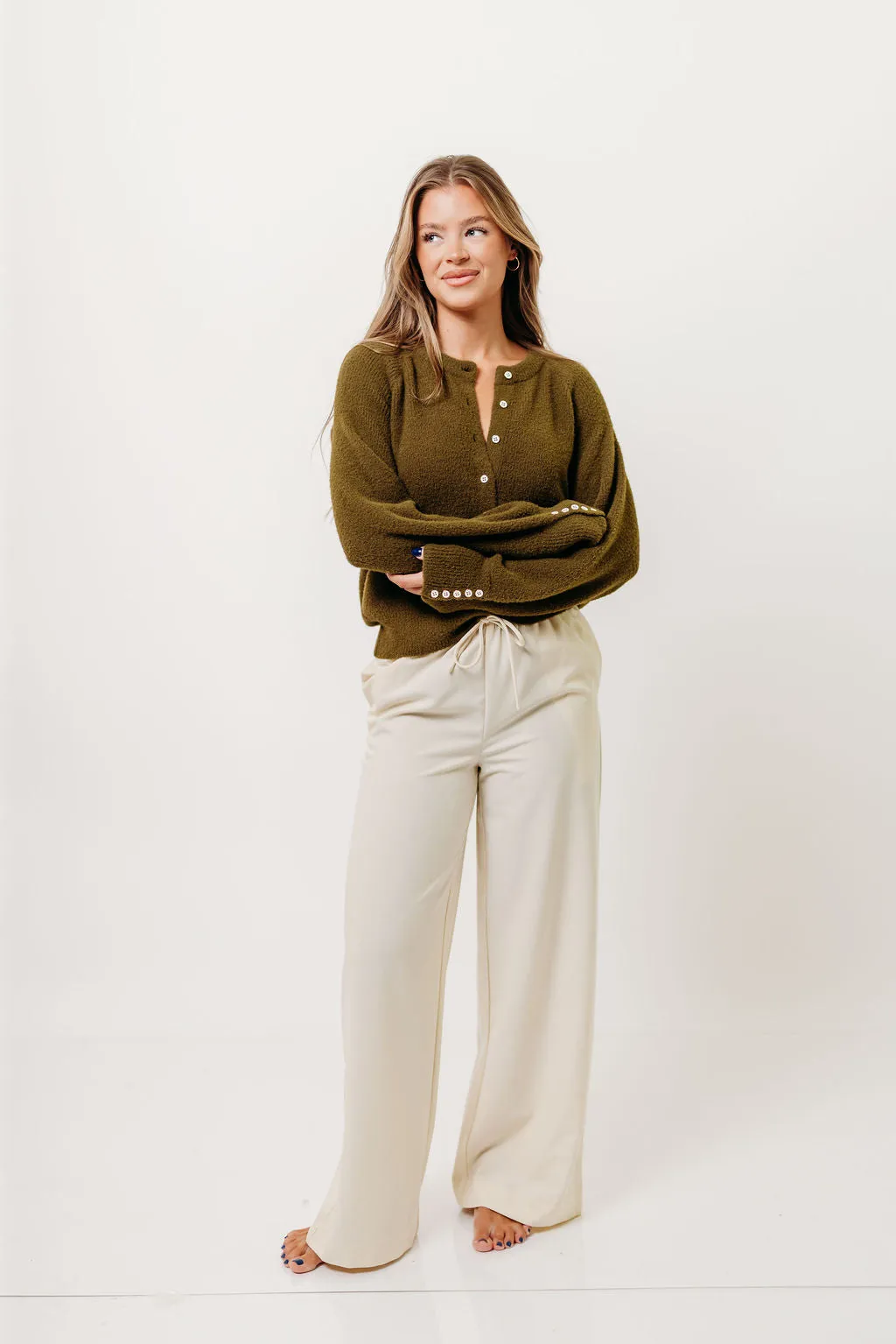 Andrea Fuzzy Ribbed Knit Cardigan Top in Olive sold by Worth Collective