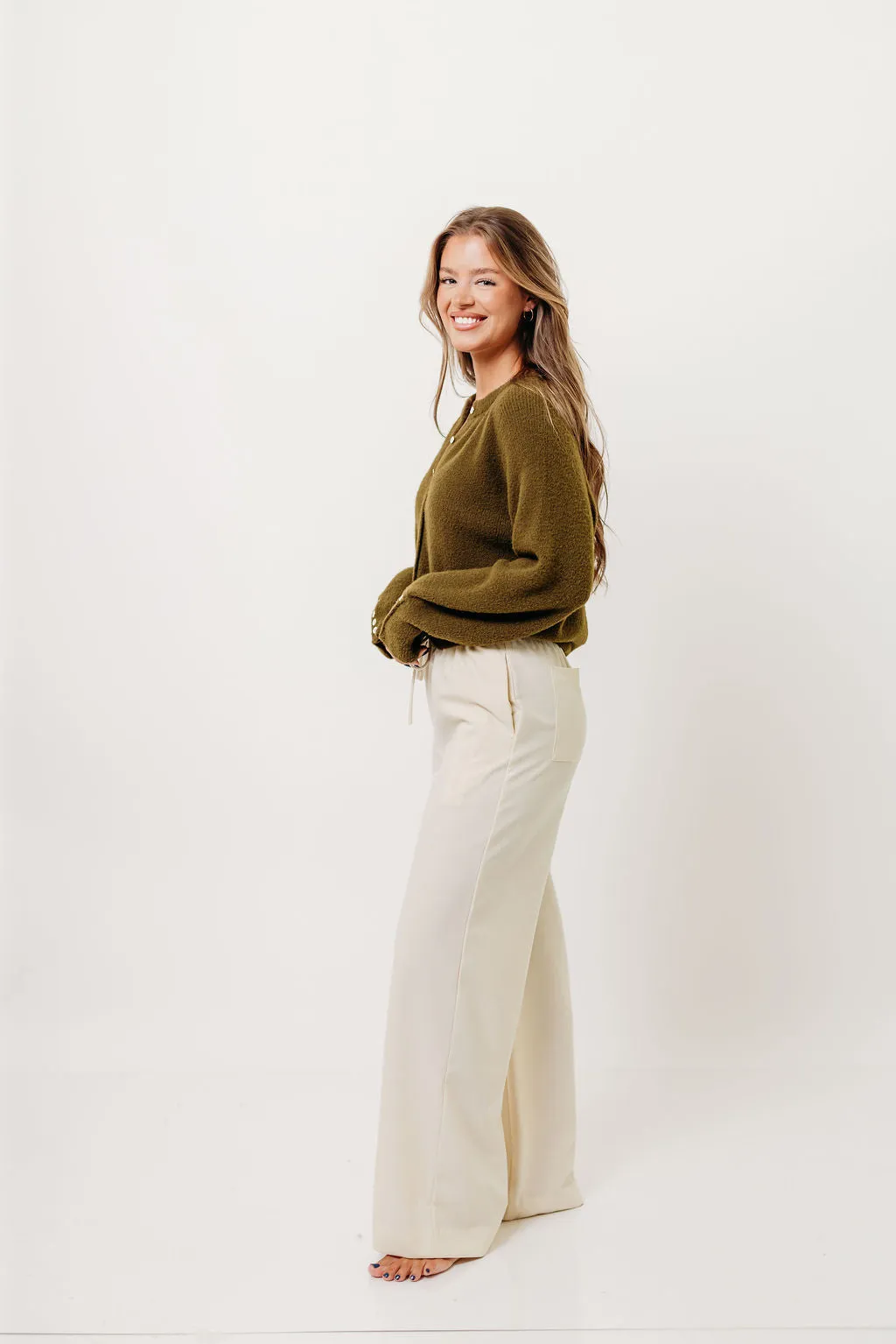 Andrea Fuzzy Ribbed Knit Cardigan Top in Olive sold by Worth Collective product image thumbnail 4