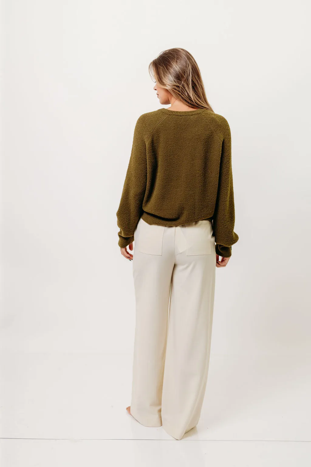 Andrea Fuzzy Ribbed Knit Cardigan Top in Olive sold by Worth Collective product image thumbnail 5