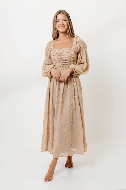 Maxine Ruched Chiffon Maxi Dress in Taupe sold by Worth Collective