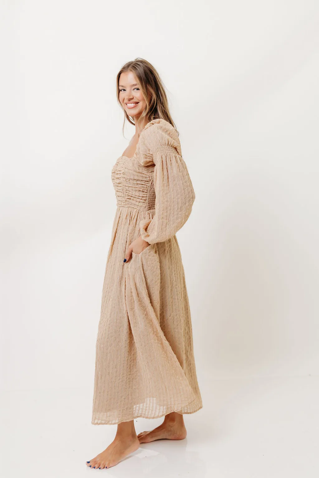 Maxine Ruched Chiffon Maxi Dress in Taupe sold by Worth Collective product image thumbnail 4