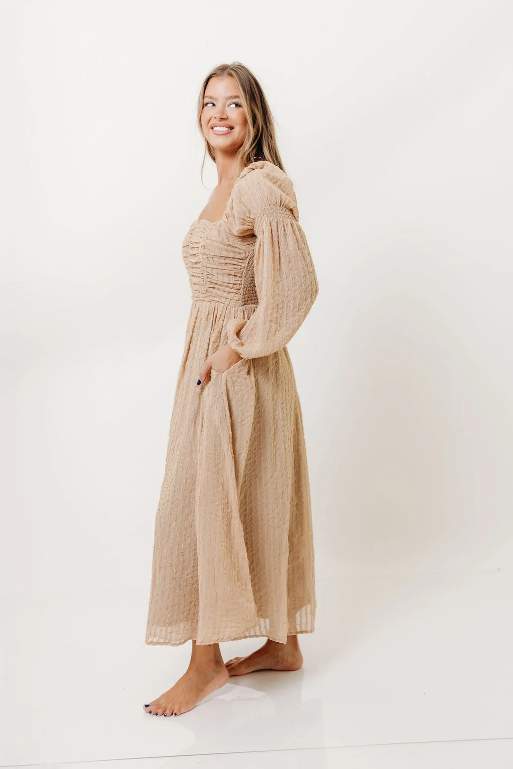 Maxine Ruched Chiffon Maxi Dress in Taupe sold by Worth Collective product image thumbnail 5