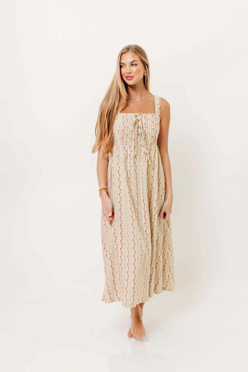 Haley Mae Cotton Floral Embroidered Striped Midi Dress in Sage sold by Worth Collective
