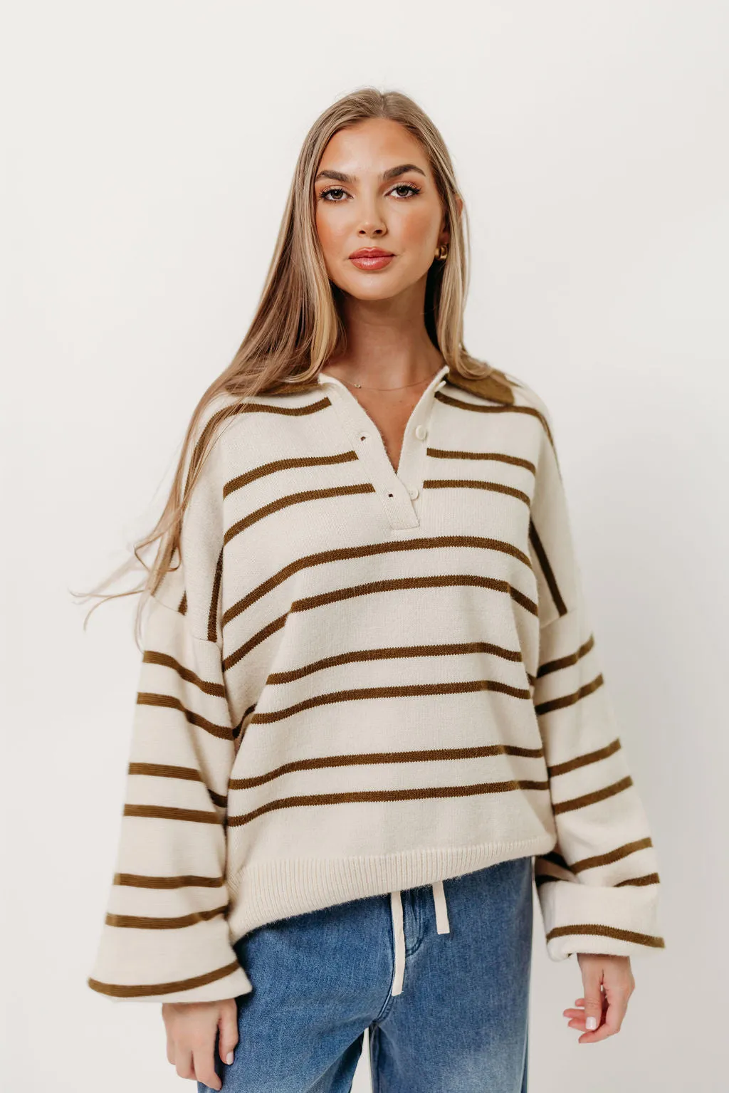 Juno Collared Sweater in Ivory Olive Stripe *Final Sale* sold by Worth Collective product image thumbnail 2