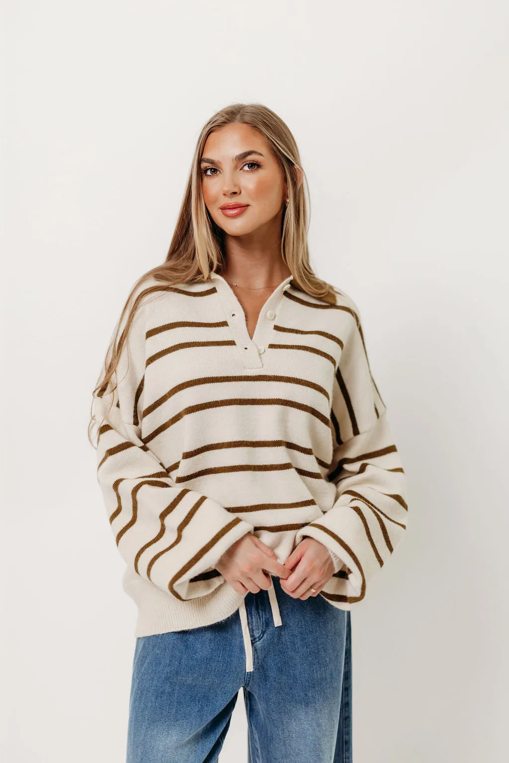 Juno Collared Sweater in Ivory Olive Stripe *Final Sale* sold by Worth Collective