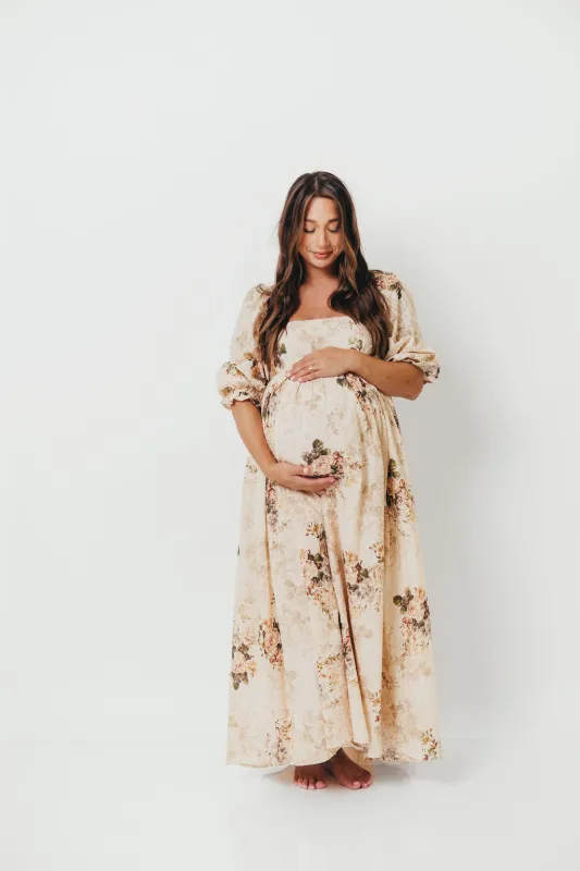 Mona Maxi Dress with Smocking in Cream/Beige Floral - Bump Friendly sold by Worth Collective