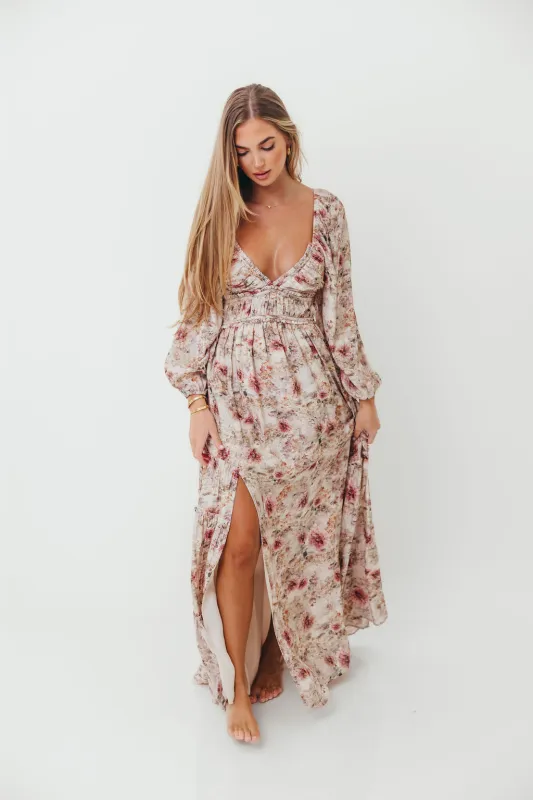 Daphne Long Sleeve Maxi Dress in Pink/Beige Multi Floral - Bump Friendly sold by Worth Collective