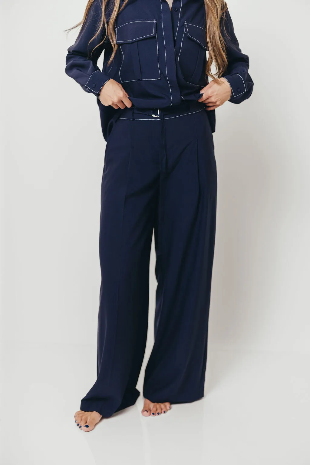 Greer Contrast Stitch Belted Trousers in Midnight Blue *Final Sale* sold by Worth Collective
