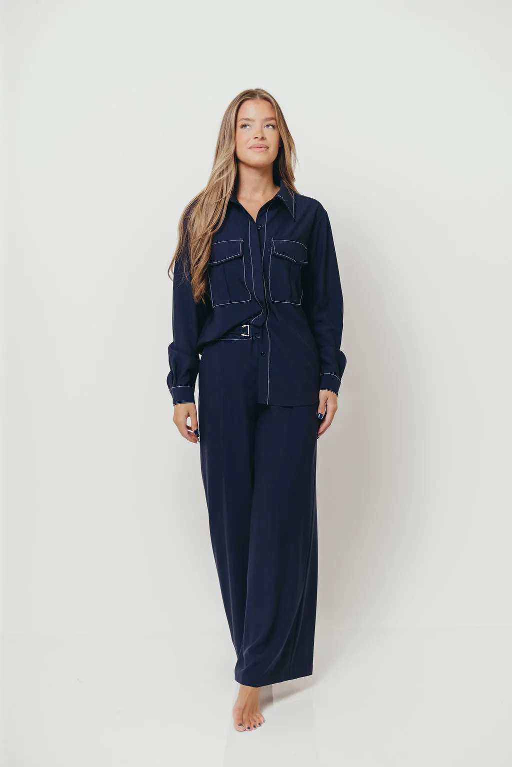 Greer Contrast Stitch Belted Trousers in Midnight Blue *Final Sale* sold by Worth Collective product image thumbnail 2