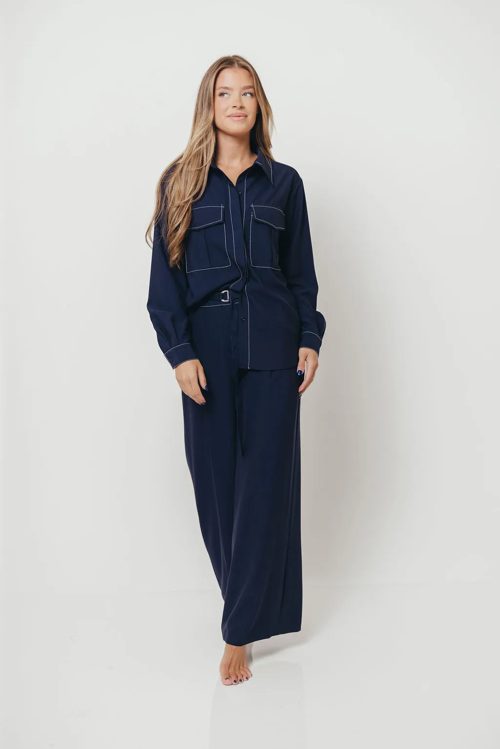 Greer Contrast Stitch Belted Trousers in Midnight Blue *Final Sale* sold by Worth Collective product image thumbnail 3