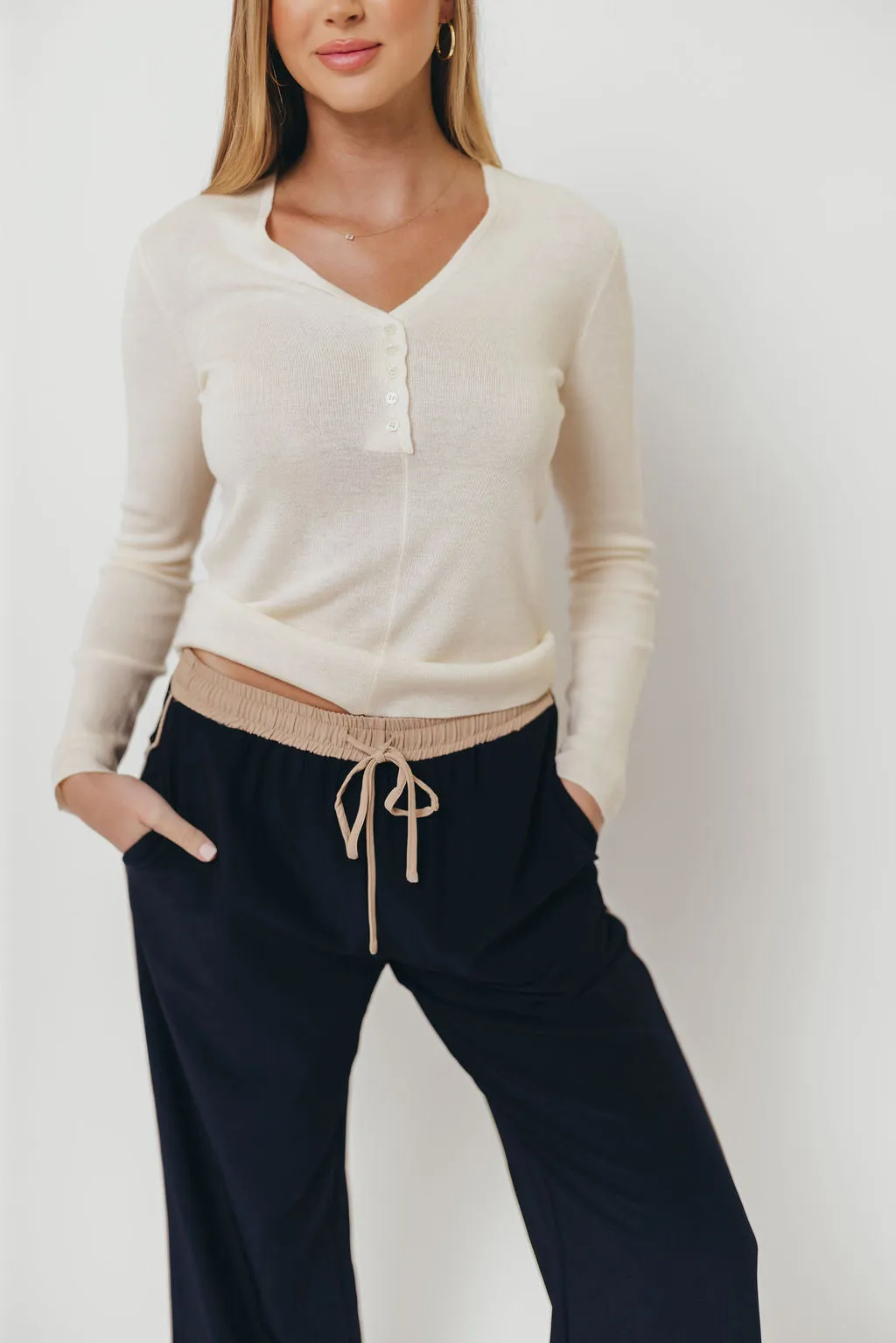 Amanza Vintage Contrast Piping Drawstring Pants in Navy Tan sold by Worth Collective product image thumbnail 3