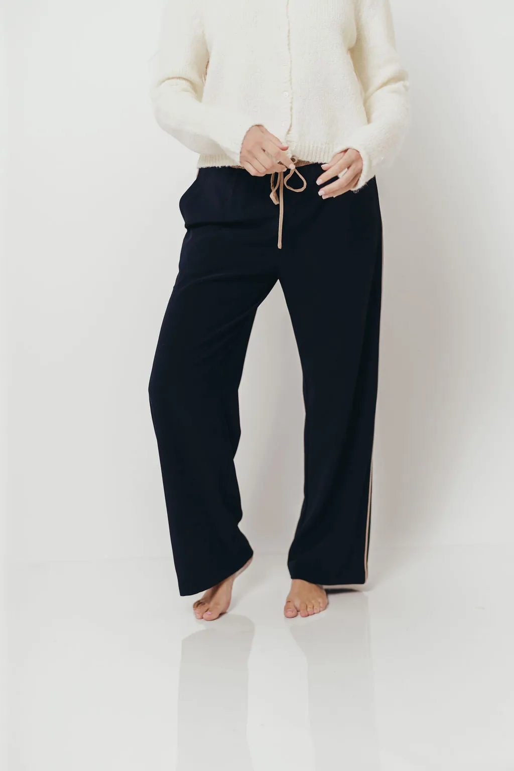 Amanza Vintage Contrast Piping Drawstring Pants in Navy Tan sold by Worth Collective product image thumbnail 2