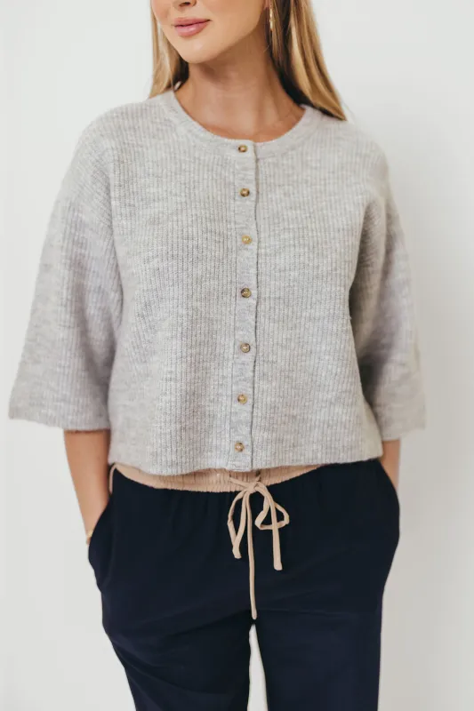 Caroline Button Down 3/4 Sleeve Sweater Cardigan in Heather Grey sold by Worth Collective